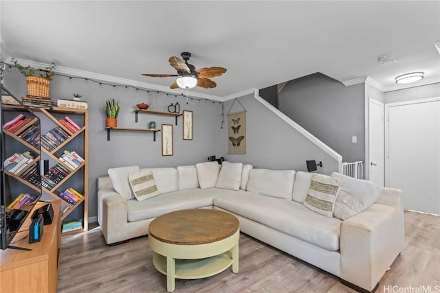 living room with hardwood / wood-style flooring, ceiling fan, and crown molding