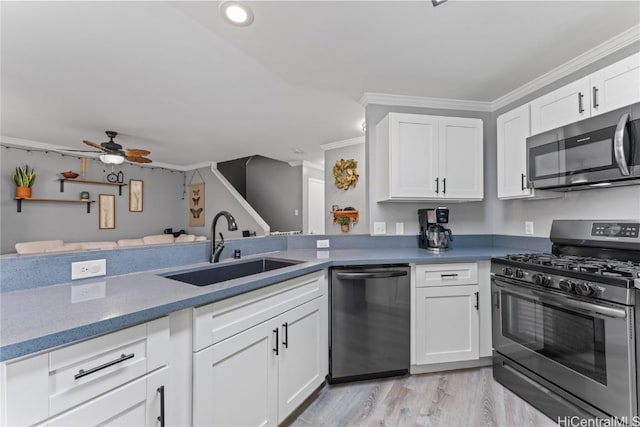 kitchen with ceiling fan, crown molding, sink, white cabinets, and stainless steel appliances