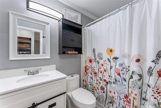 bathroom with curtained shower, toilet, vanity, and crown molding