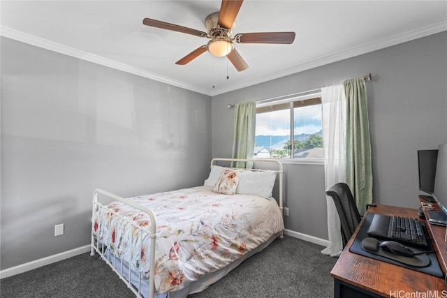 bedroom with dark carpet, ceiling fan, and ornamental molding