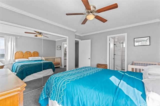 carpeted bedroom with ceiling fan, connected bathroom, and crown molding