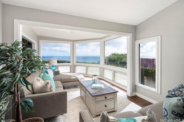 living room with light hardwood / wood-style flooring and a water view