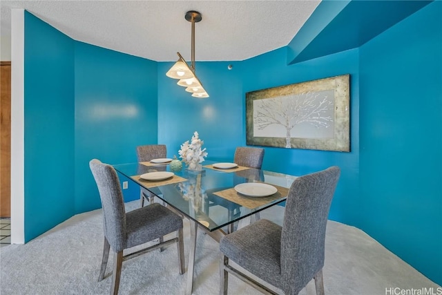 carpeted dining space with a textured ceiling