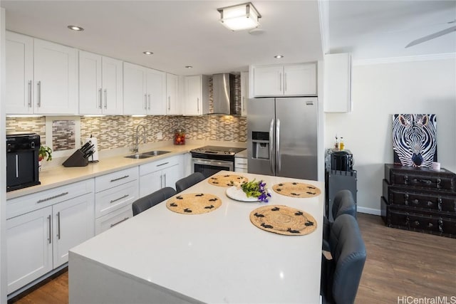 kitchen with white cabinets, sink, stainless steel appliances, and wall chimney range hood