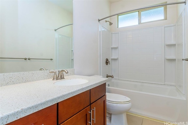 full bathroom featuring tile patterned flooring, shower / tub combination, vanity, and toilet