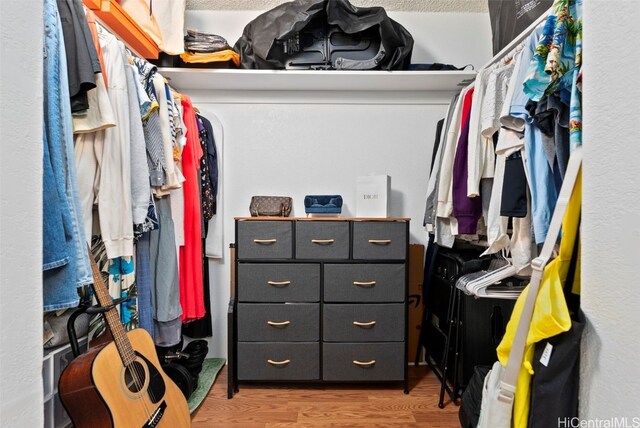 walk in closet with light hardwood / wood-style floors