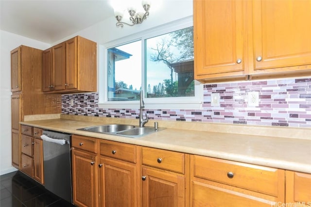 kitchen with dark tile patterned flooring, backsplash, stainless steel dishwasher, and sink