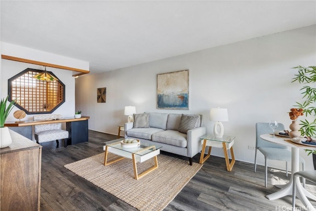 living room featuring dark wood-type flooring