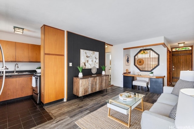 living room with sink and dark hardwood / wood-style floors