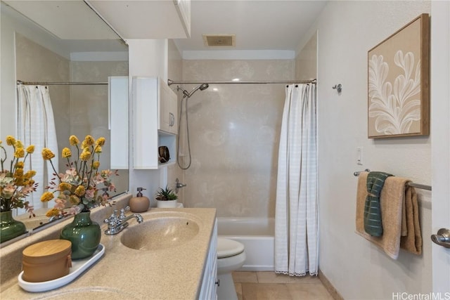 full bath featuring visible vents, shower / bathtub combination with curtain, toilet, vanity, and tile patterned floors