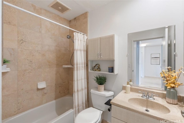 bathroom with toilet, vanity, shower / bath combination with curtain, and visible vents