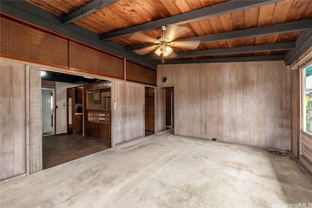 spare room featuring beam ceiling, dark carpet, ceiling fan, and wooden walls