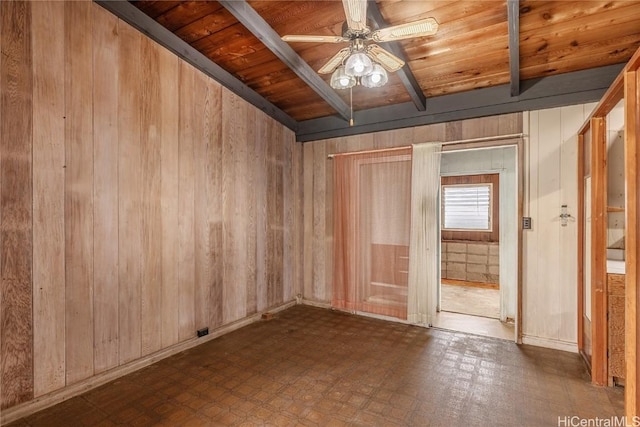 empty room with beamed ceiling, ceiling fan, wood ceiling, and wooden walls