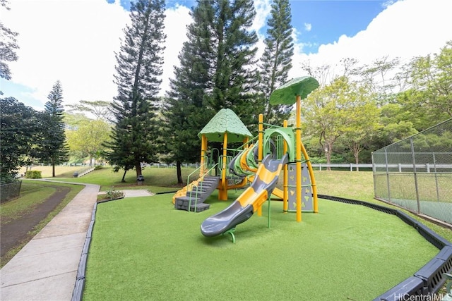 view of jungle gym with a yard