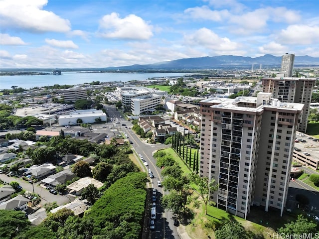 aerial view with a water and mountain view