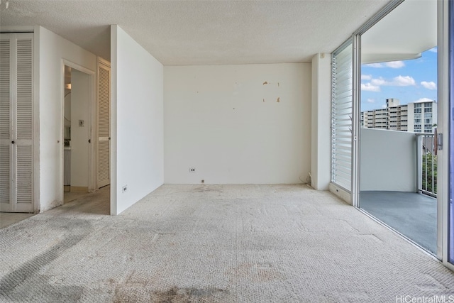 carpeted spare room featuring a textured ceiling and a wall of windows