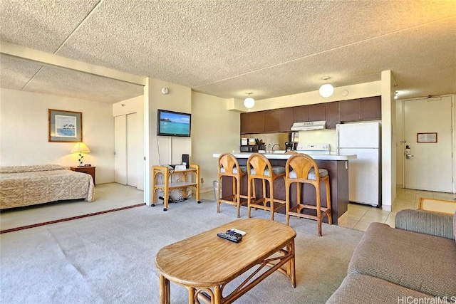 living room with light carpet and a textured ceiling