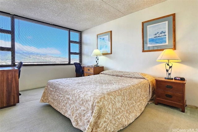 bedroom featuring light carpet and a textured ceiling