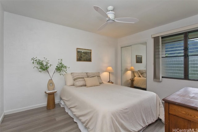 bedroom featuring ceiling fan, a closet, and wood-type flooring