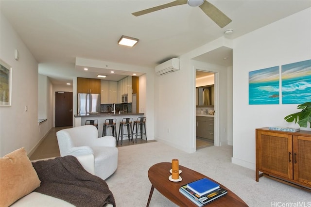 living room featuring sink, ceiling fan, and a wall unit AC