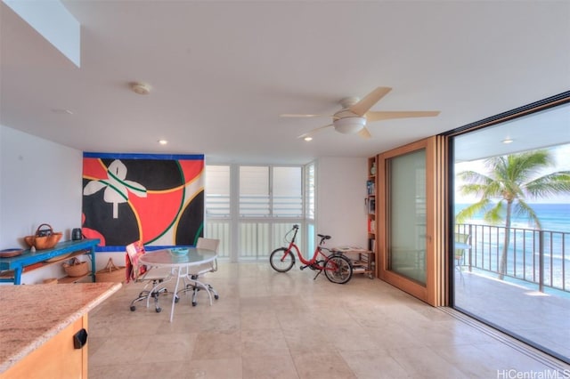 rec room with floor to ceiling windows and ceiling fan