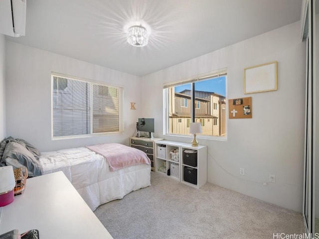 bedroom featuring light colored carpet