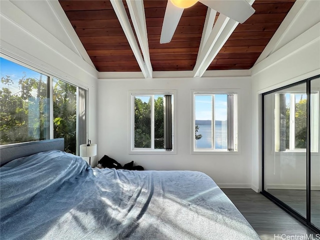 bedroom with lofted ceiling with beams, dark hardwood / wood-style floors, wood ceiling, and multiple windows