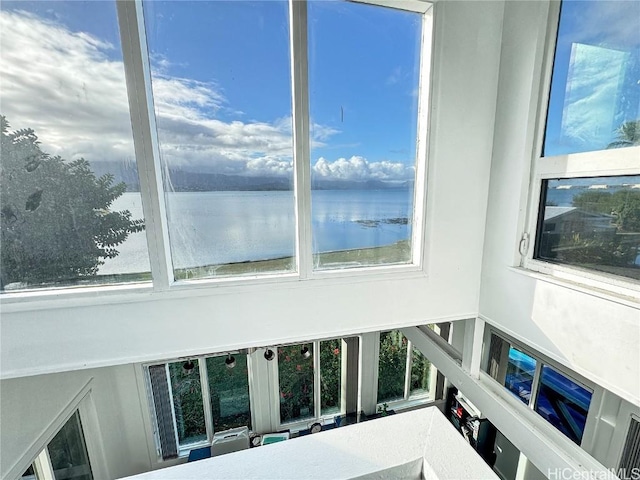 living room with a wealth of natural light and a water view