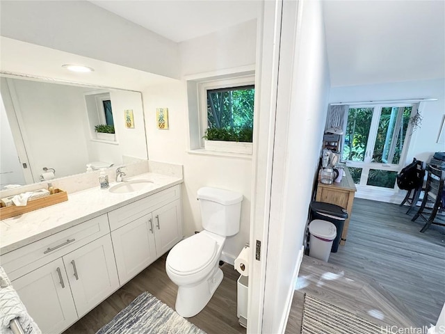 bathroom with vanity, hardwood / wood-style floors, toilet, and a healthy amount of sunlight