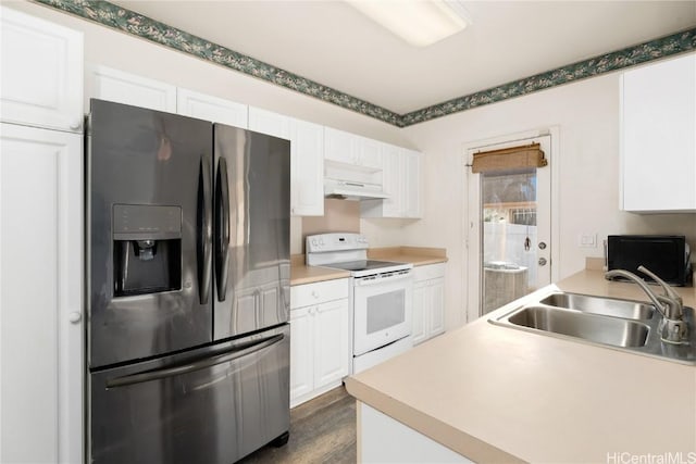 kitchen with white electric range oven, light countertops, white cabinetry, stainless steel refrigerator with ice dispenser, and a sink