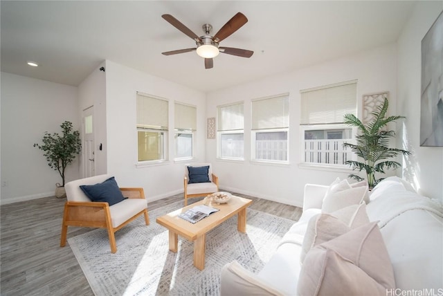 living room featuring ceiling fan and light wood-type flooring