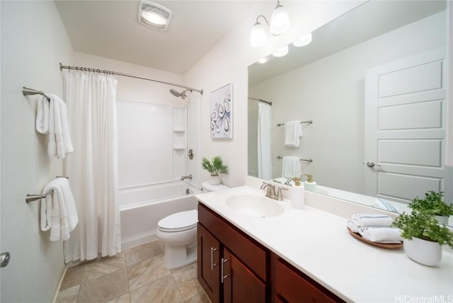 full bathroom featuring vanity, toilet, and shower / bathtub combination with curtain