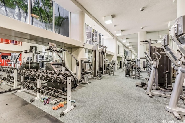 exercise room featuring a textured ceiling and a towering ceiling