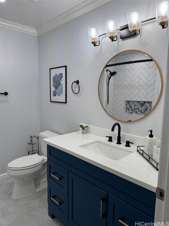 bathroom with walk in shower, tile patterned floors, crown molding, toilet, and vanity