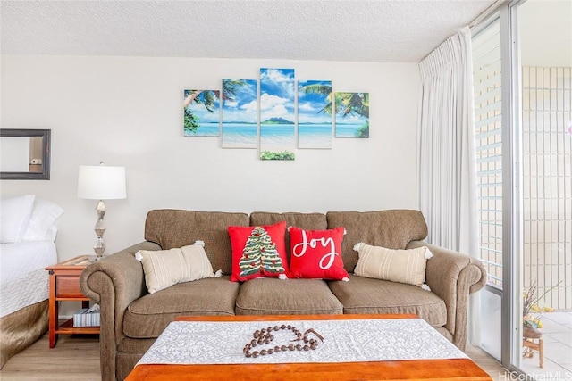 living room featuring a textured ceiling