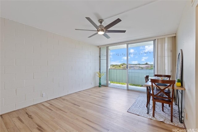 dining space featuring floor to ceiling windows, ceiling fan, and light hardwood / wood-style floors