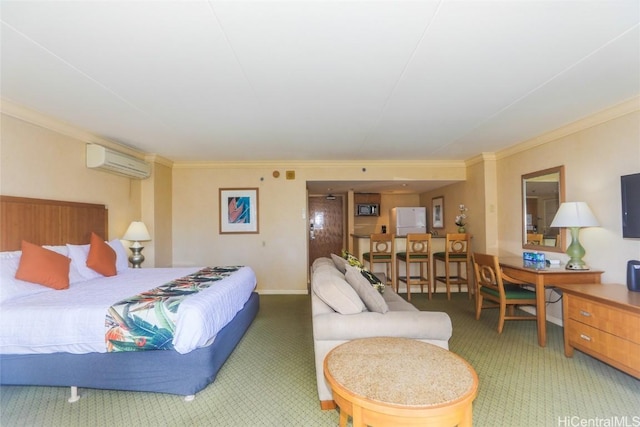 carpeted bedroom featuring crown molding, a wall mounted air conditioner, and white refrigerator