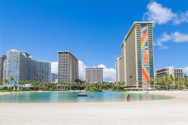 view of water feature with a beach view