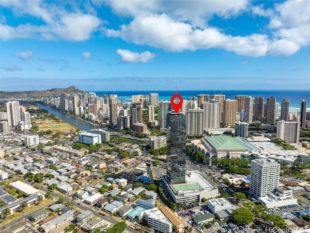 drone / aerial view with a water view