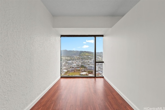 unfurnished room with plenty of natural light, hardwood / wood-style floors, a textured ceiling, and a mountain view