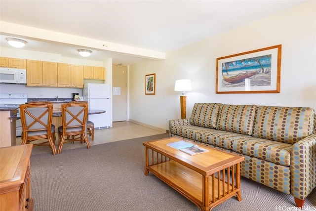 carpeted living room with sink