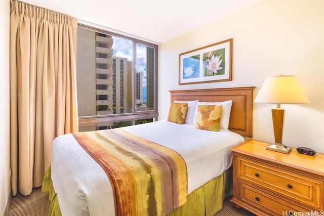 carpeted bedroom featuring a wall of windows