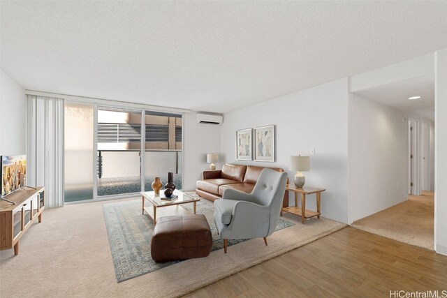 living room with wood-type flooring, a textured ceiling, expansive windows, and a wall mounted AC