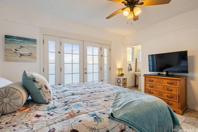 bedroom featuring access to exterior and ceiling fan