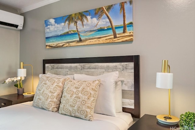 bedroom featuring a wall mounted air conditioner and crown molding