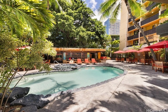 view of swimming pool with a patio area