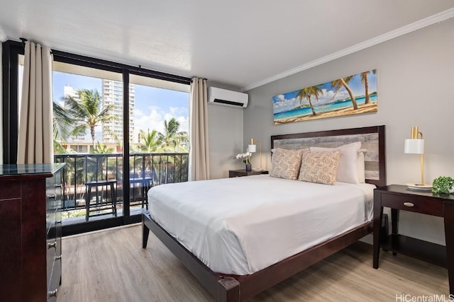 bedroom with a wall of windows, a wall mounted AC, ornamental molding, access to exterior, and light hardwood / wood-style flooring