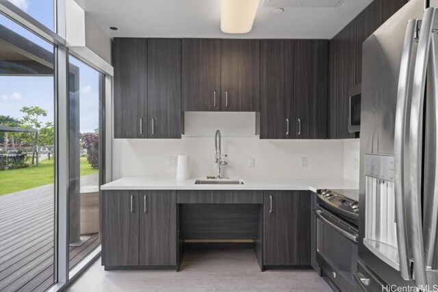 kitchen with dark brown cabinetry, a healthy amount of sunlight, sink, and stainless steel appliances