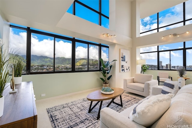 living room with a mountain view and carpet