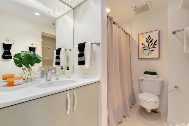 bathroom featuring visible vents, a shower with shower curtain, toilet, vanity, and tile patterned floors